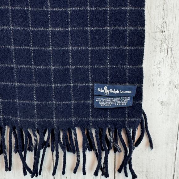 VTG 90's Polo Ralph Lauren Navy Blue Windowpane Plaid Lambswool Fringe Scarf - Picture 7 of 11